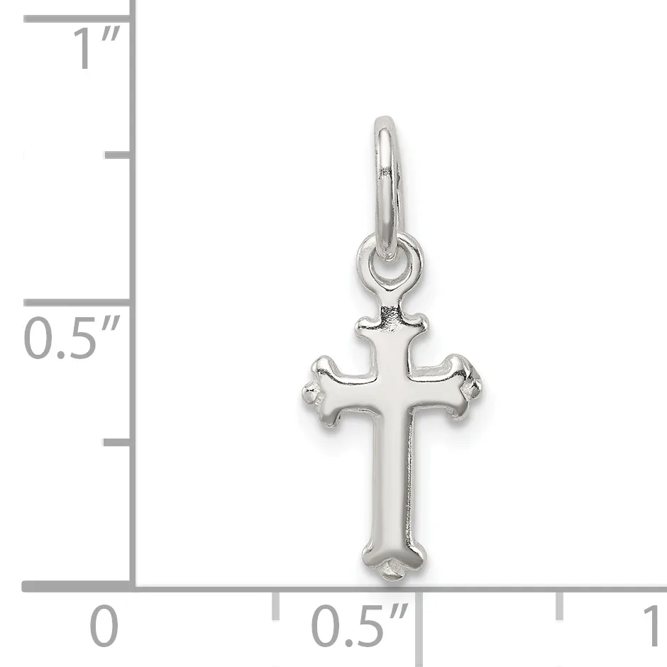 Silver cross pendant with flared ends shown against a measurement scale indicating approximately 0.5 inches wide and 1 inch tall.