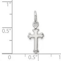 Silver cross pendant with flared ends shown against a measurement scale indicating approximately 0.5 inches wide and 1 inch tall.
