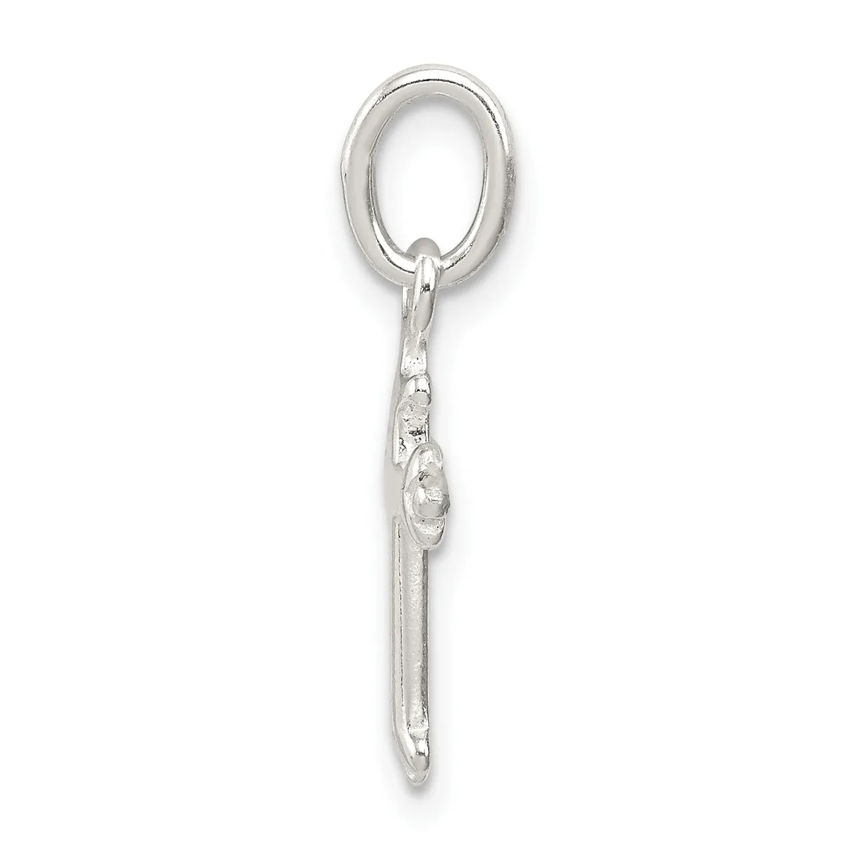 A long silver pendant charm hanging from an oval loop, featuring decorative textured details along the lower shaft.