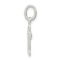 A long silver pendant charm hanging from an oval loop, featuring decorative textured details along the lower shaft.