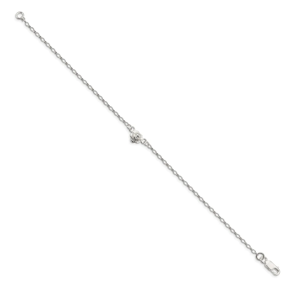 Silver-toned chain bracelet with a small decorative charm or connector in the center and lobster claw clasps at each end.