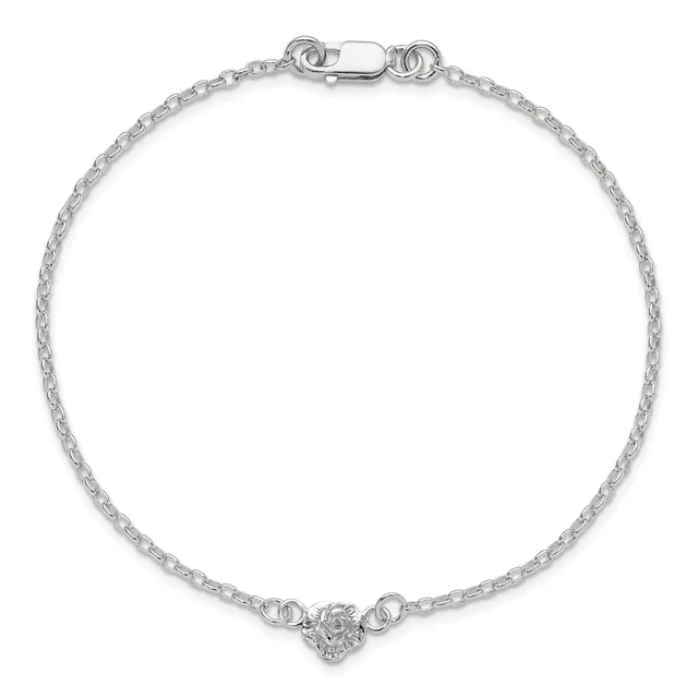 Silver chain bracelet with a small heart-shaped pendant set with clear stones, featuring a lobster clasp closure.