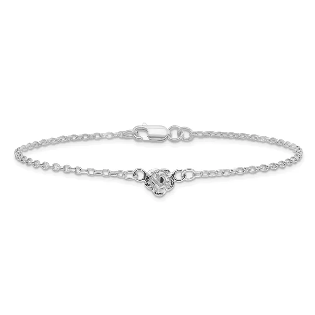 A silver chain bracelet with a decorative heart-shaped charm centered on the link chain and a lobster claw clasp at the end.