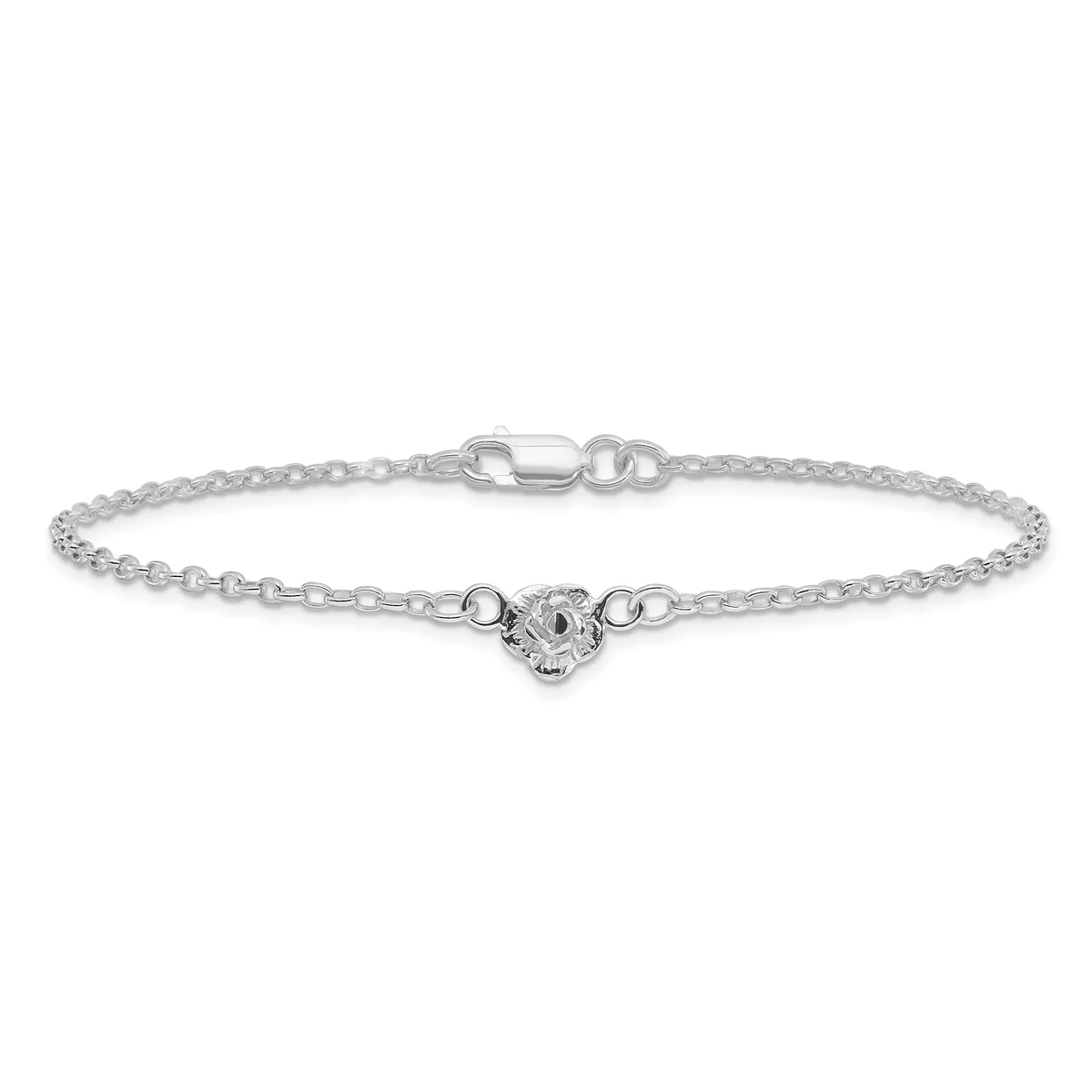 A silver chain bracelet with a decorative heart-shaped charm centered on the link chain and a lobster claw clasp at the end.