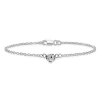 A silver chain bracelet with a decorative heart-shaped charm centered on the link chain and a lobster claw clasp at the end.