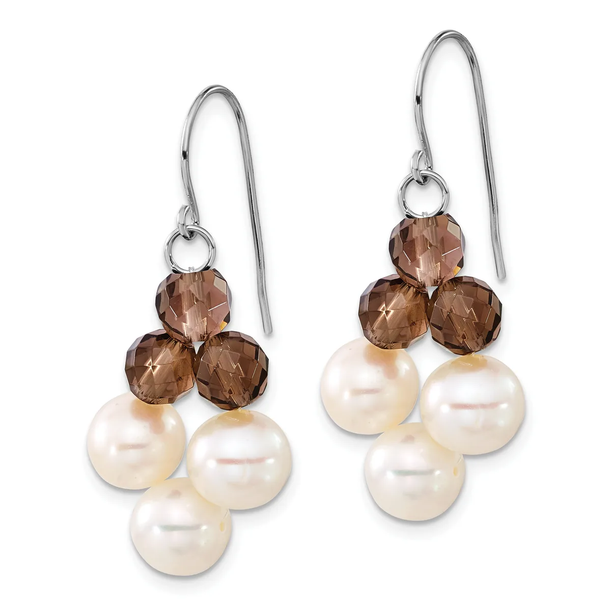 A pair of silver fish hook earrings featuring three faceted smoky quartz beads on top and three cream-colored pearl beads below.