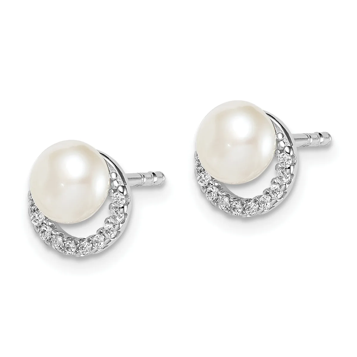 A pair of silver stud earrings, each featuring a round white pearl set above a curved crescent of small round diamonds.