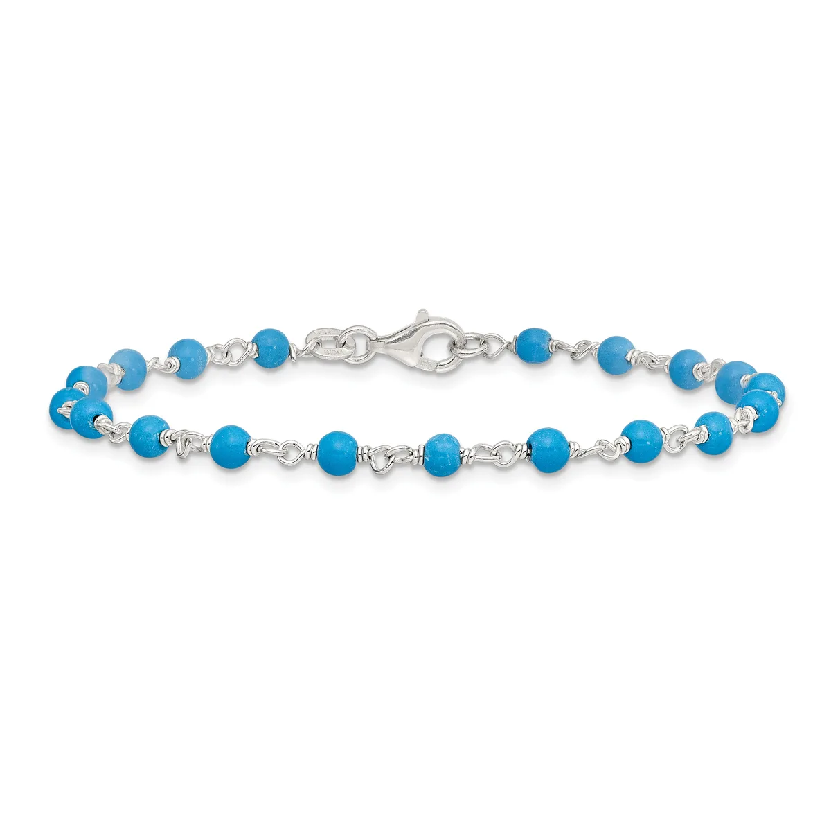 A silver bracelet with turquoise blue beads alternating with small silver spacer beads, featuring a lobster claw clasp.