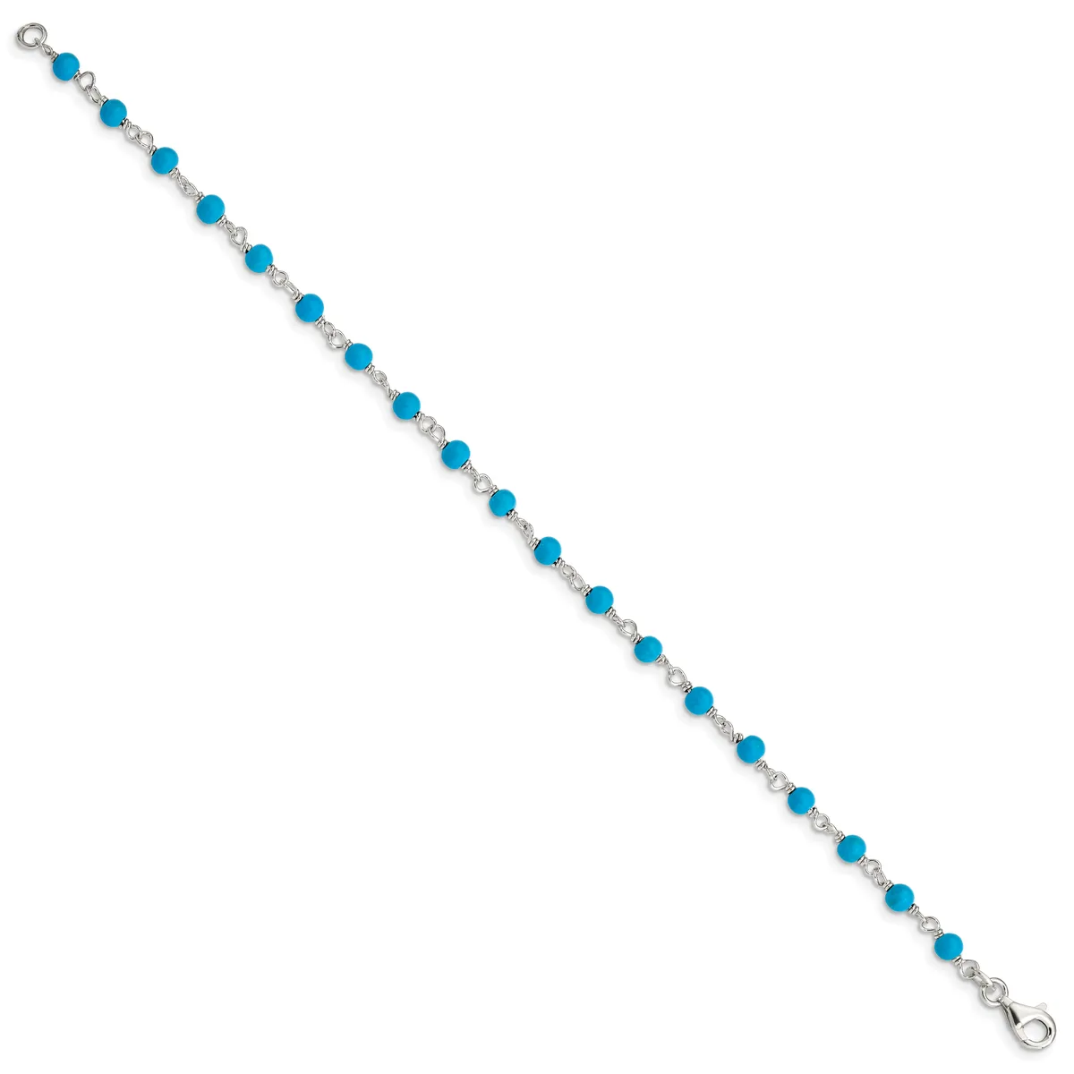 A silver bracelet with alternating round turquoise beads and decorative silver spacers, featuring a lobster clasp closure.