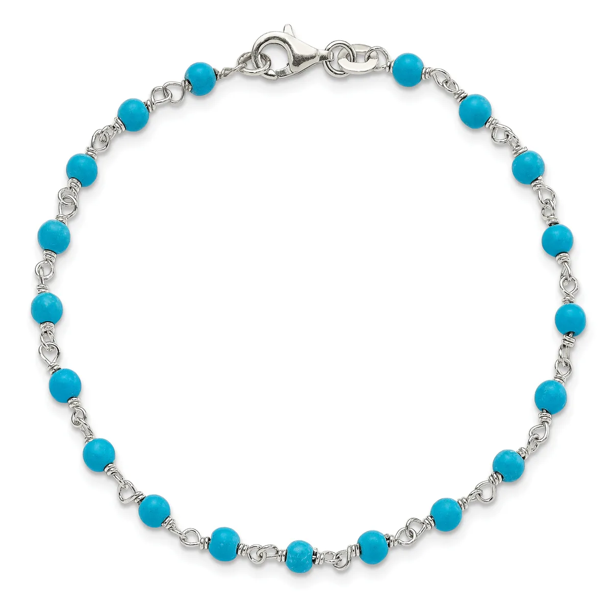 Silver-toned bracelet with alternating turquoise round beads and decorative twisted metal links, finished with a lobster clasp closure.