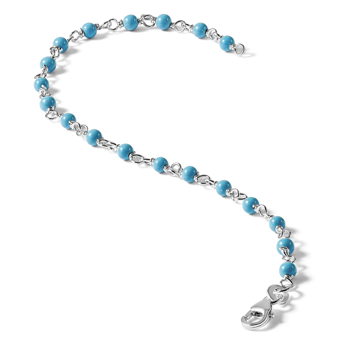 Silver bracelet with turquoise blue beads connected by decorative silver links, featuring a lobster claw clasp at the end.