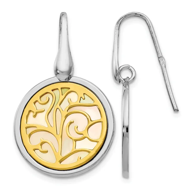 Pair of two-tone metal dangle earrings with circular gold pendants featuring ornate filigree tree designs, suspended from silver-toned hooks.