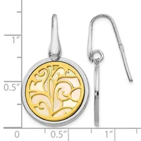 Two-tone circular pendant earrings with gold filigree tree design on white metal background, shown with measurement scale and hook-style ear wires.