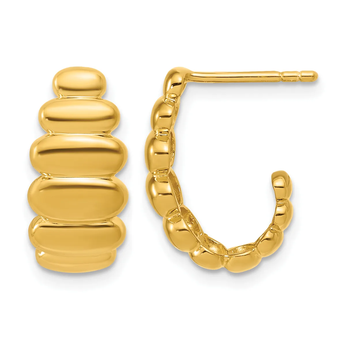 A pair of gold hoop earrings with segmented, stacked oval designs, shown from front and side views.