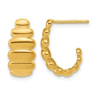 A pair of gold hoop earrings with segmented, stacked oval designs, shown from front and side views.