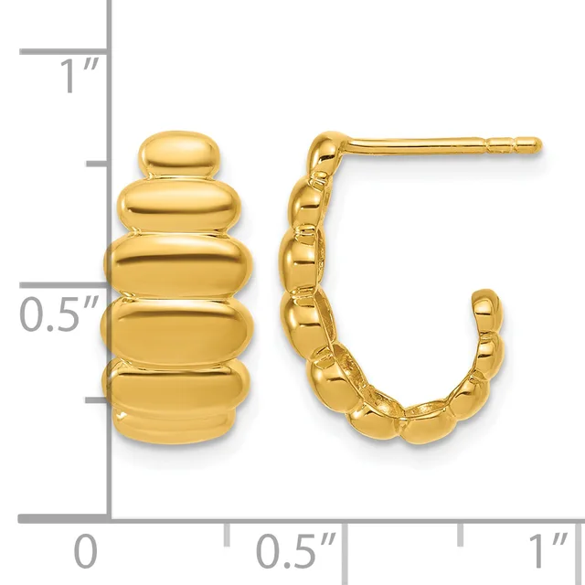 Gold puffy hoop earrings with segmented dome design, shown front and side view next to a ruler measuring approximately one inch in length.