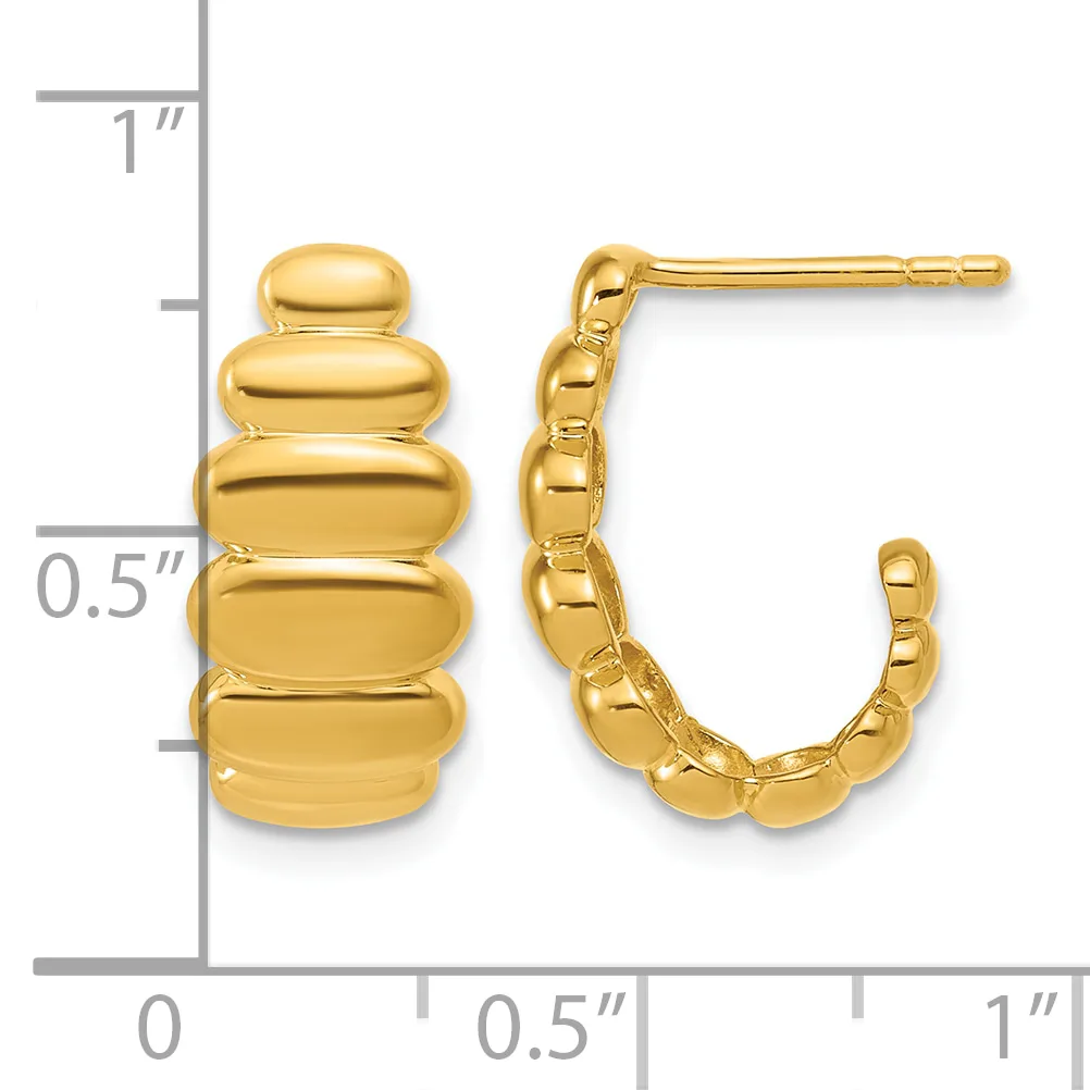 Gold puffy hoop earrings with segmented dome design, shown front and side view next to a ruler measuring approximately one inch in length.