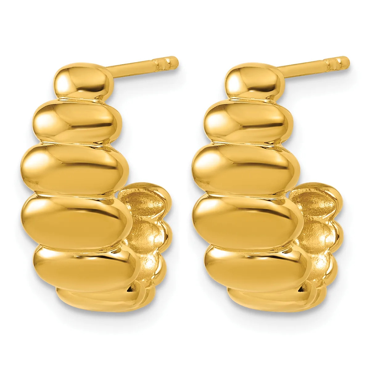 A pair of polished gold stacked oval hoop earrings with post and clutch backs, shown from the front.