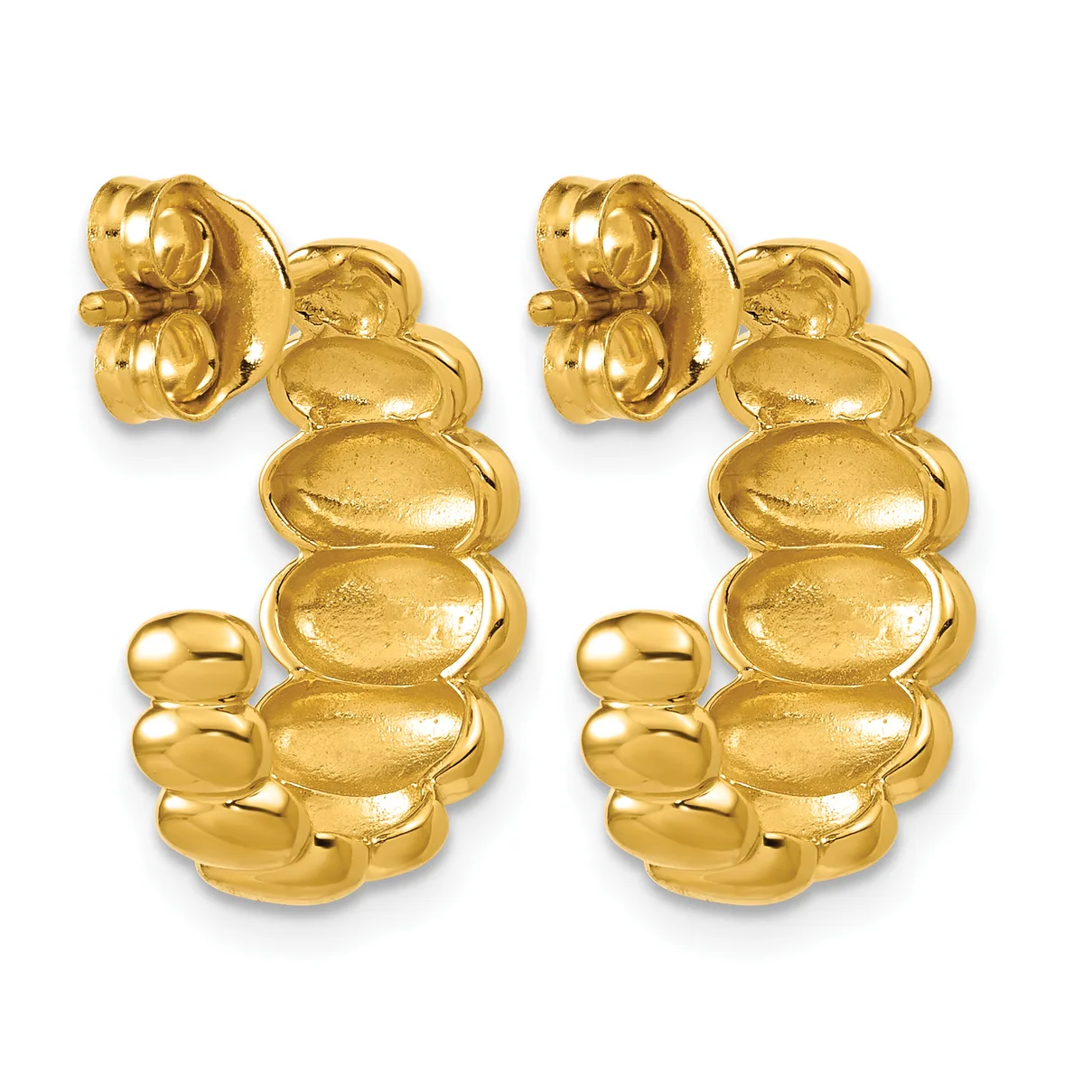 Pair of gold hoop earrings with a textured, segmented bubble design, shown from the front with post and clutch backs visible.