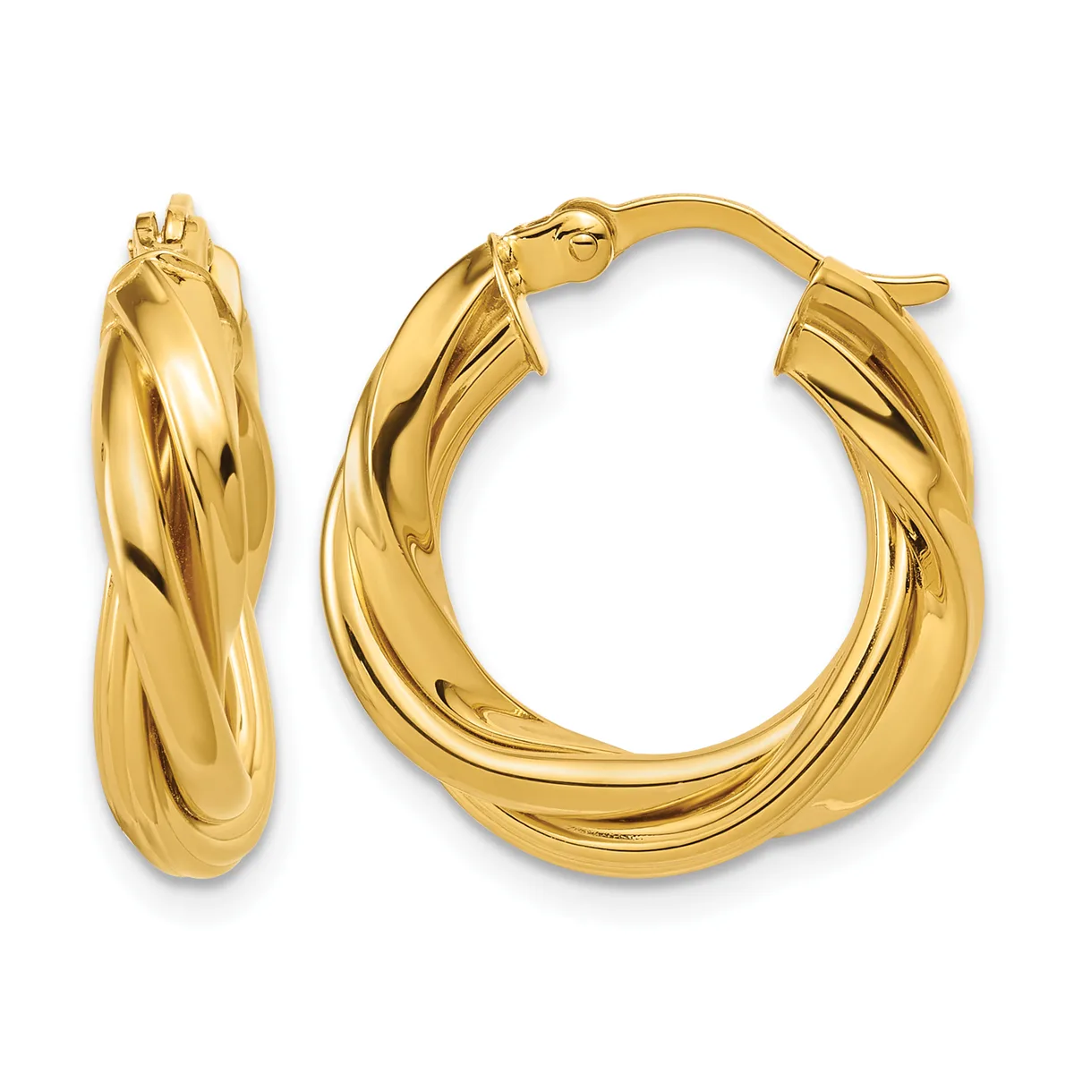 A pair of polished gold twisted hoop earrings with post and clutch closures, shown from front and side views.