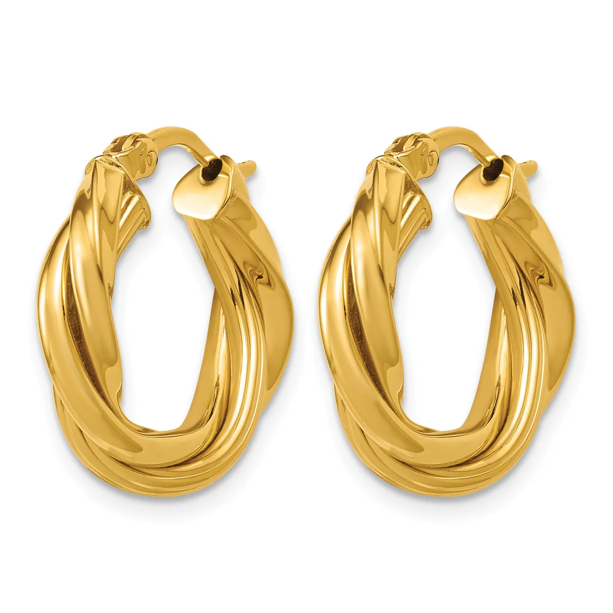 A pair of polished gold twisted hoop earrings with post and clutch backs, shown from the front against a white background.