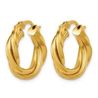 A pair of polished gold twisted hoop earrings with post and clutch backs, shown from the front against a white background.