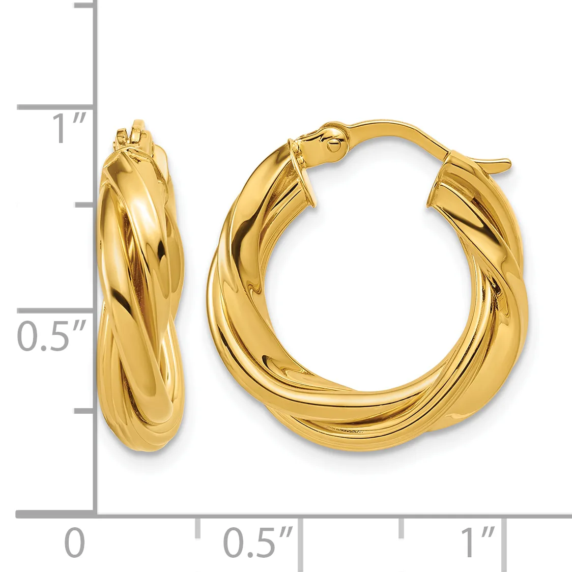 A pair of twisted gold hoop earrings displayed against a measurement scale showing approximately one inch in height and half an inch in width.