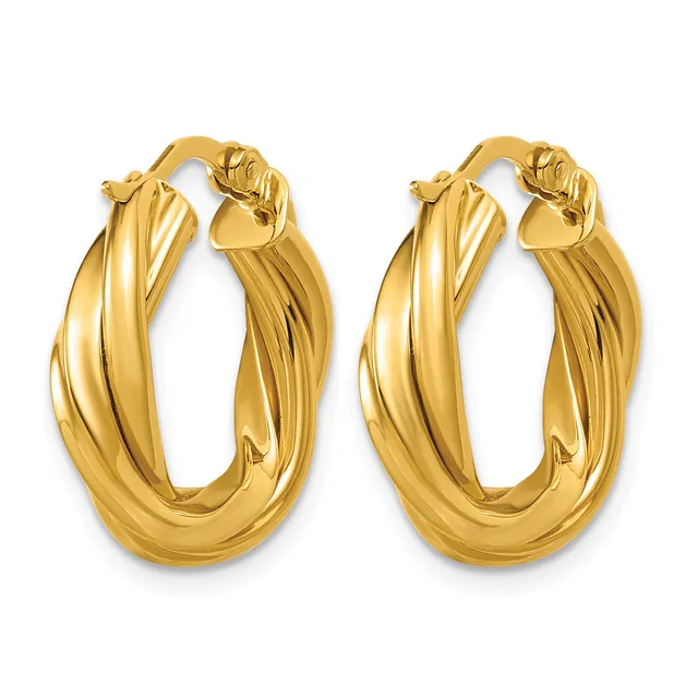A pair of polished gold twisted hoop earrings with hinged closures, displayed side by side against a white background.