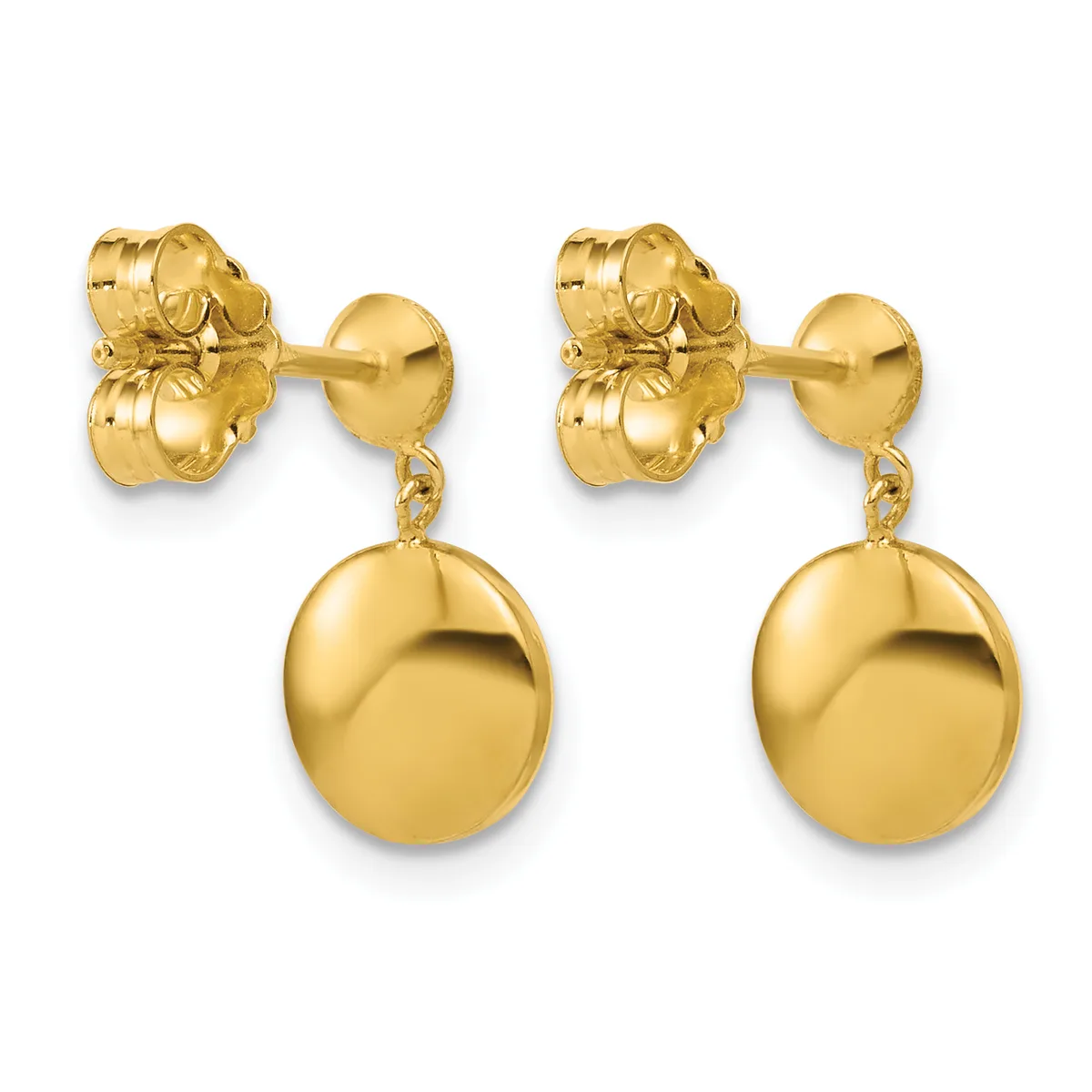 A pair of polished gold drop earrings with ornate knot-shaped studs and dangling spherical pendants, shown from the front.