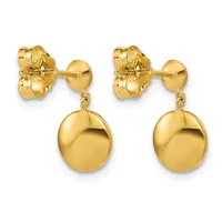 A pair of polished gold drop earrings with ornate knot-shaped studs and dangling spherical pendants, shown from the front.