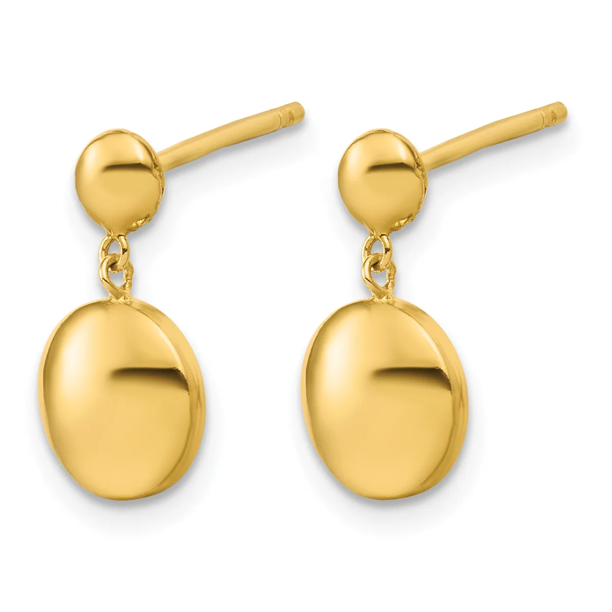 A pair of gold dangle earrings with small spheres at the top connected by delicate chain links to larger polished oval drops.