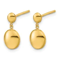 A pair of gold dangle earrings with small spheres at the top connected by delicate chain links to larger polished oval drops.