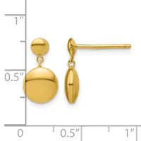 Pair of gold dangle earrings with small polished spheres at the top and larger polished spheres hanging below, displayed against a measurement ruler.