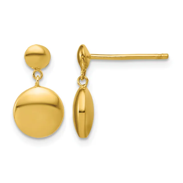 Pair of gold dangle earrings with small polished spheres at the top connected by thin posts to larger polished spheres below, shown from front and side views.
