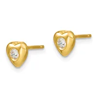 Pair of gold heart-shaped stud earrings with white oval gemstones set in the center, shown from the front.