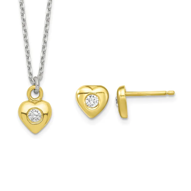 Gold heart-shaped pendant necklace with a bezel-set diamond and matching gold stud earrings with diamonds, displayed on a white background.