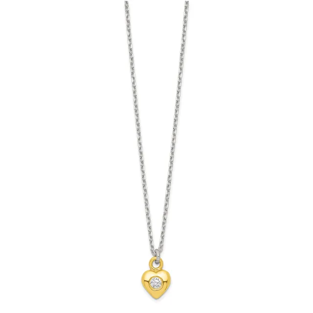 Silver chain necklace with a small gold-toned heart pendant decorated with a center diamond or crystal stone.