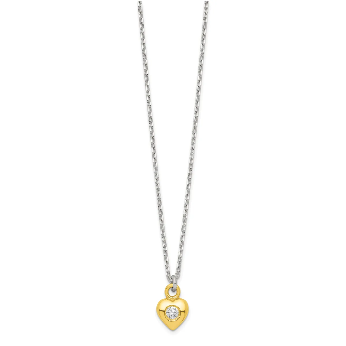 Silver chain necklace with a small gold-toned heart pendant decorated with a center diamond or crystal stone.