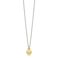 Silver chain necklace with a small gold-toned heart pendant decorated with a center diamond or crystal stone.