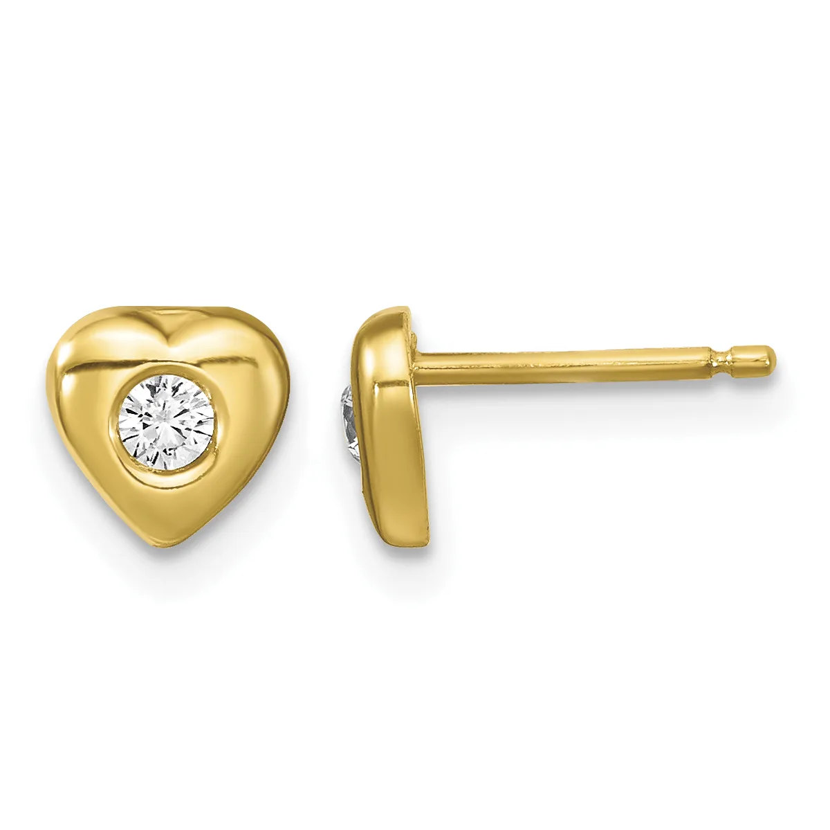 Pair of gold heart-shaped stud earrings with round white diamond centers, shown from front and side view.