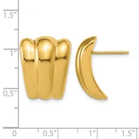 Pair of gold puffy curved stud earrings shown next to a ruler measuring approximately one inch tall and half inch wide.