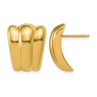 A pair of polished gold stud earrings, one with three rounded lobes and one curved like a crescent moon, shown from front and side views.