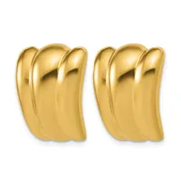 A pair of polished gold curved rectangular clip-on earrings with a ribbed texture, shown from the front.