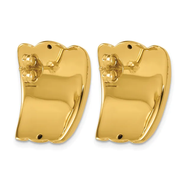 A pair of polished gold-toned chunky curved rectangular earrings with small stud posts and backing closures.