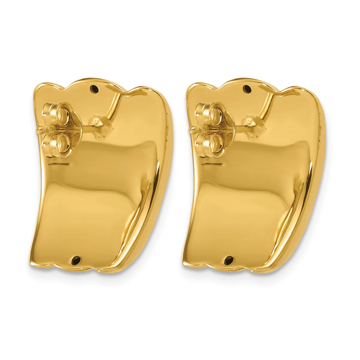 A pair of polished gold-toned chunky curved rectangular earrings with small stud posts and backing closures.