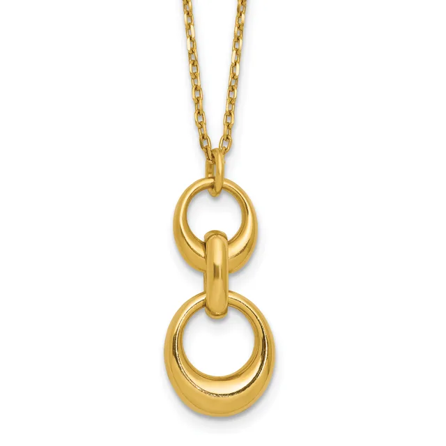 Gold-toned pendant necklace featuring two stacked open oval rings connected by a smaller cylindrical link, suspended from a cable chain.
