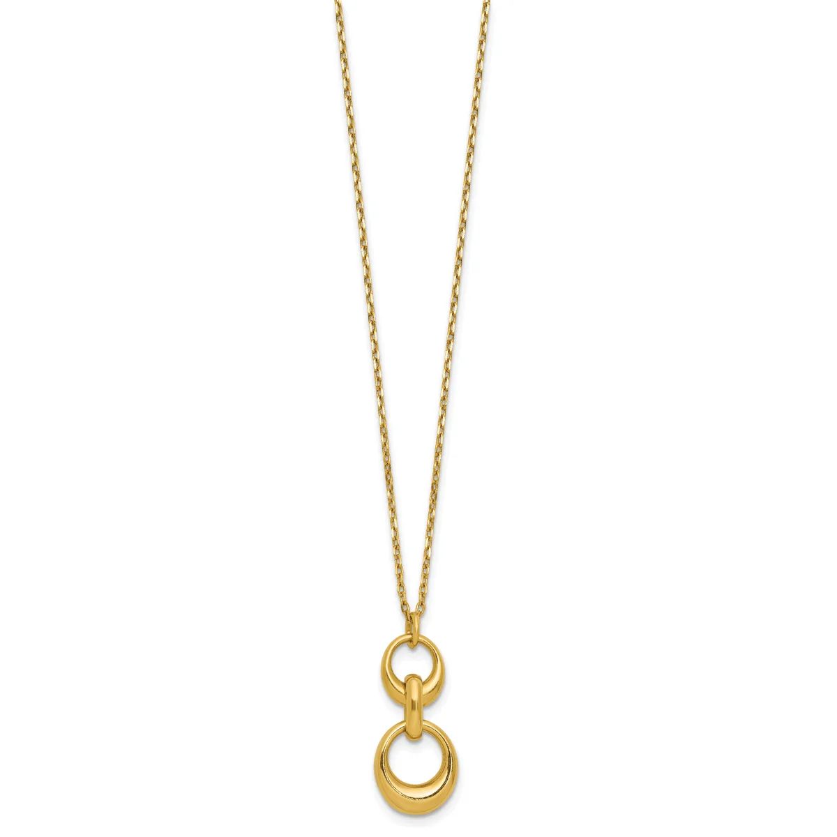 Gold-toned chain necklace with two interlocking circular pendants hanging from a clasp at the top.