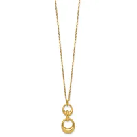 Gold-toned chain necklace with two interlocking circular pendants hanging from a clasp at the top.