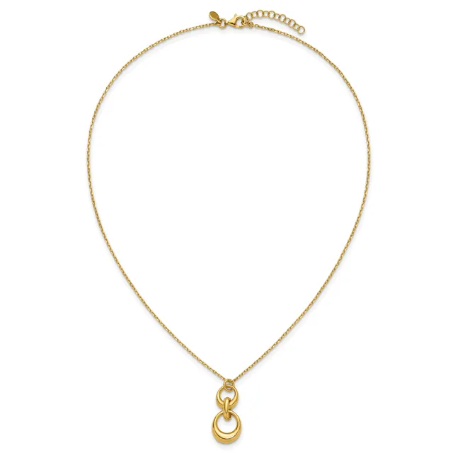 A gold-toned chain necklace with an adjustable clasp and extender chain, featuring a double open circle pendant at the center.