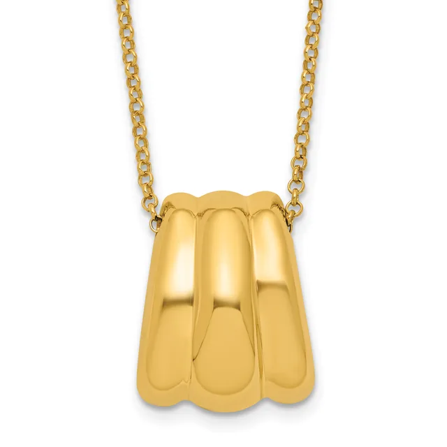 Gold pendant necklace featuring a scalloped rectangular charm suspended from a curb chain.